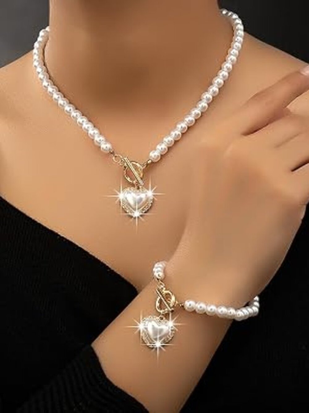 Pearl Heart Necklace Bracelet Set for Women Vintage Crystal Heart Pendant Charm